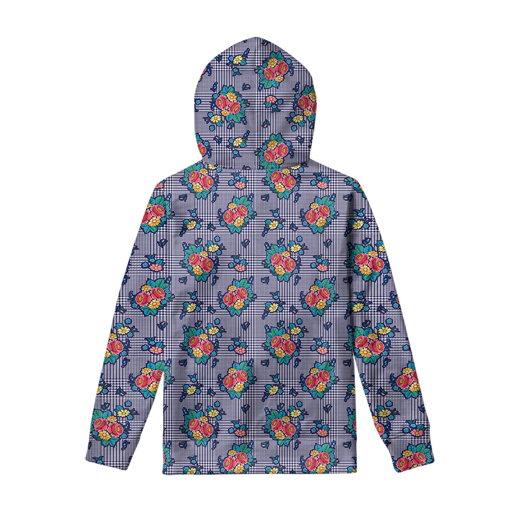 Blue And White Floral Glen Plaid Print Pullover Hoodie