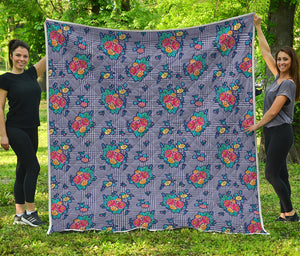 Blue And White Floral Glen Plaid Print Quilt