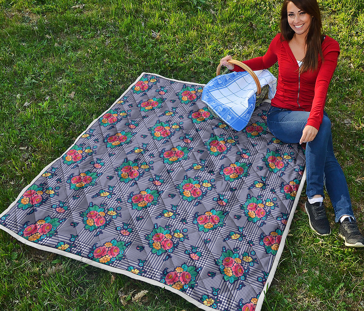 Blue And White Floral Glen Plaid Print Quilt