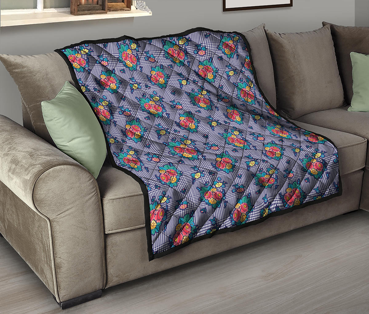 Blue And White Floral Glen Plaid Print Quilt