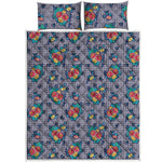 Blue And White Floral Glen Plaid Print Quilt Bed Set