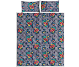 Blue And White Floral Glen Plaid Print Quilt Bed Set