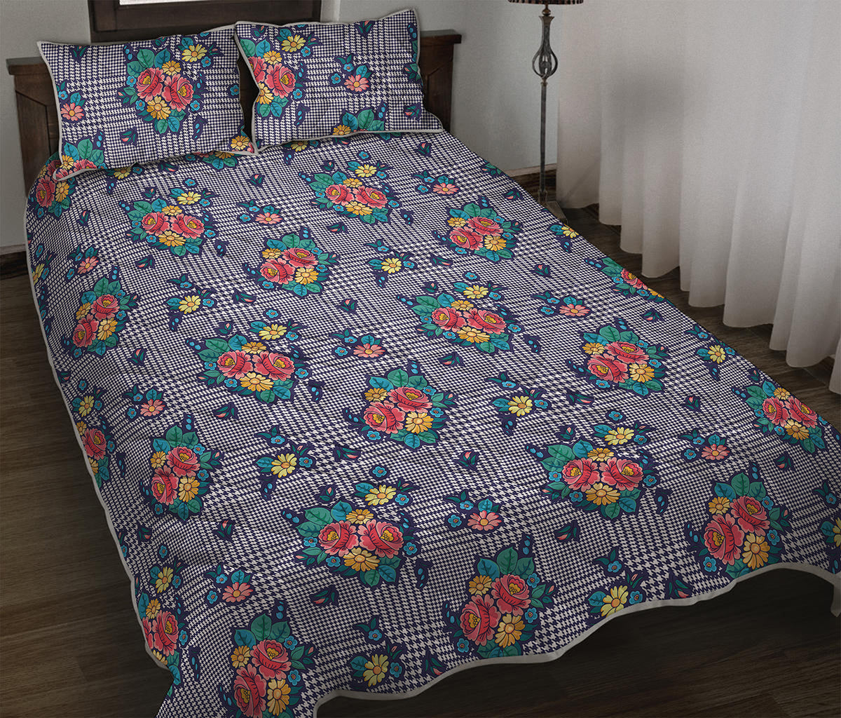 Blue And White Floral Glen Plaid Print Quilt Bed Set