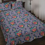 Blue And White Floral Glen Plaid Print Quilt Bed Set