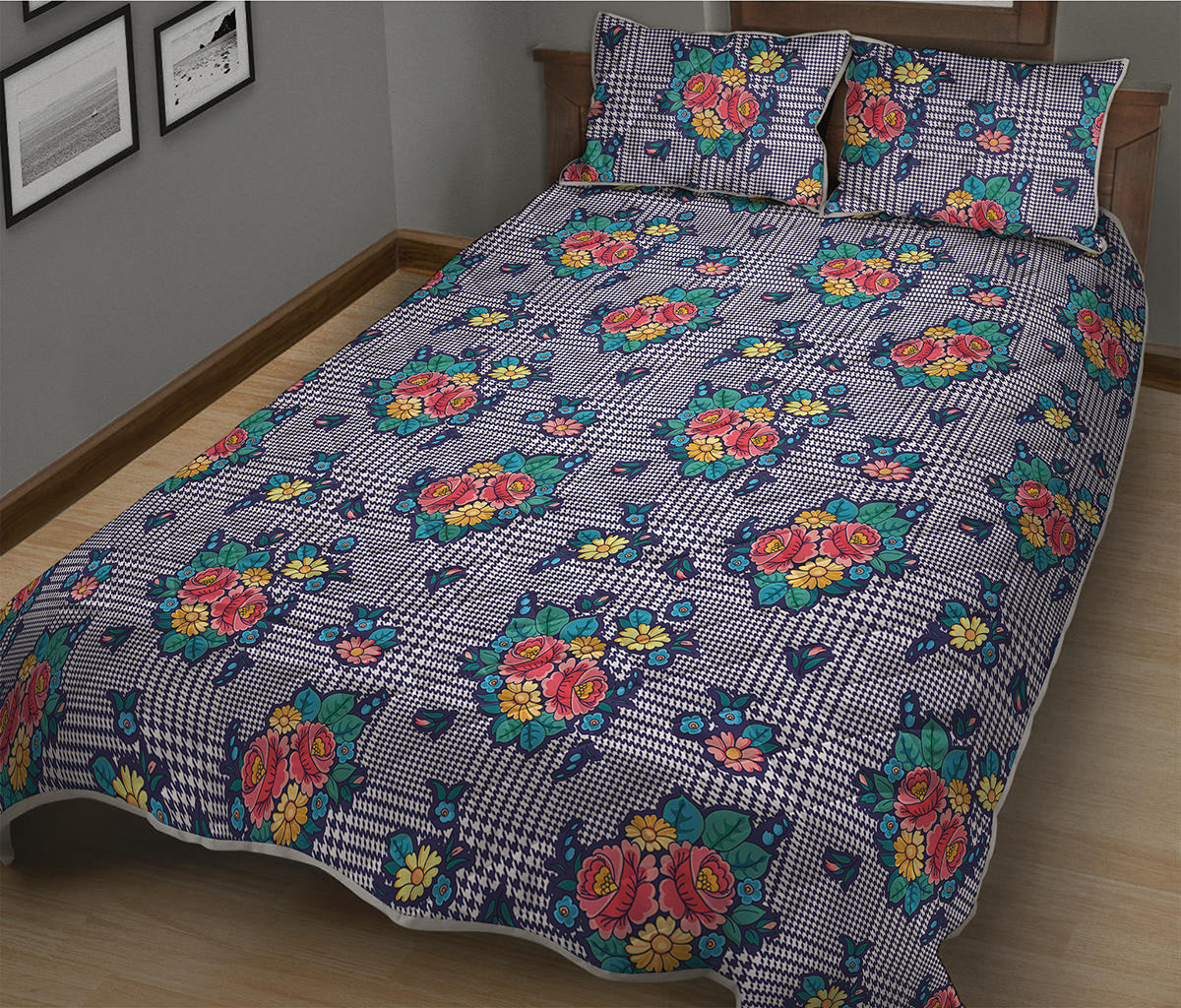 Blue And White Floral Glen Plaid Print Quilt Bed Set