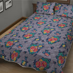 Blue And White Floral Glen Plaid Print Quilt Bed Set