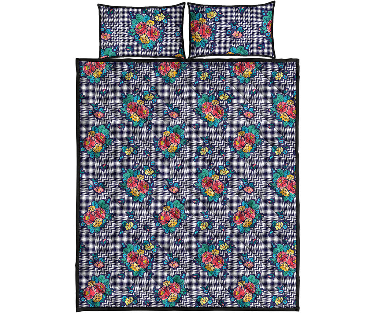 Blue And White Floral Glen Plaid Print Quilt Bed Set