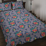 Blue And White Floral Glen Plaid Print Quilt Bed Set