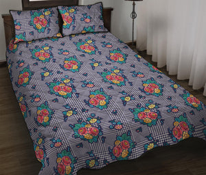 Blue And White Floral Glen Plaid Print Quilt Bed Set