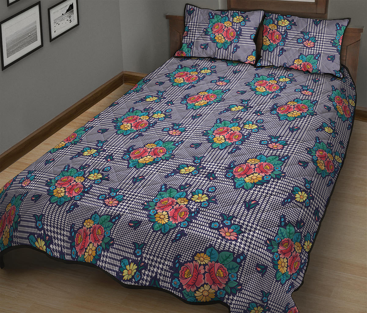 Blue And White Floral Glen Plaid Print Quilt Bed Set