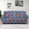 Blue And White Floral Glen Plaid Print Sofa Cover