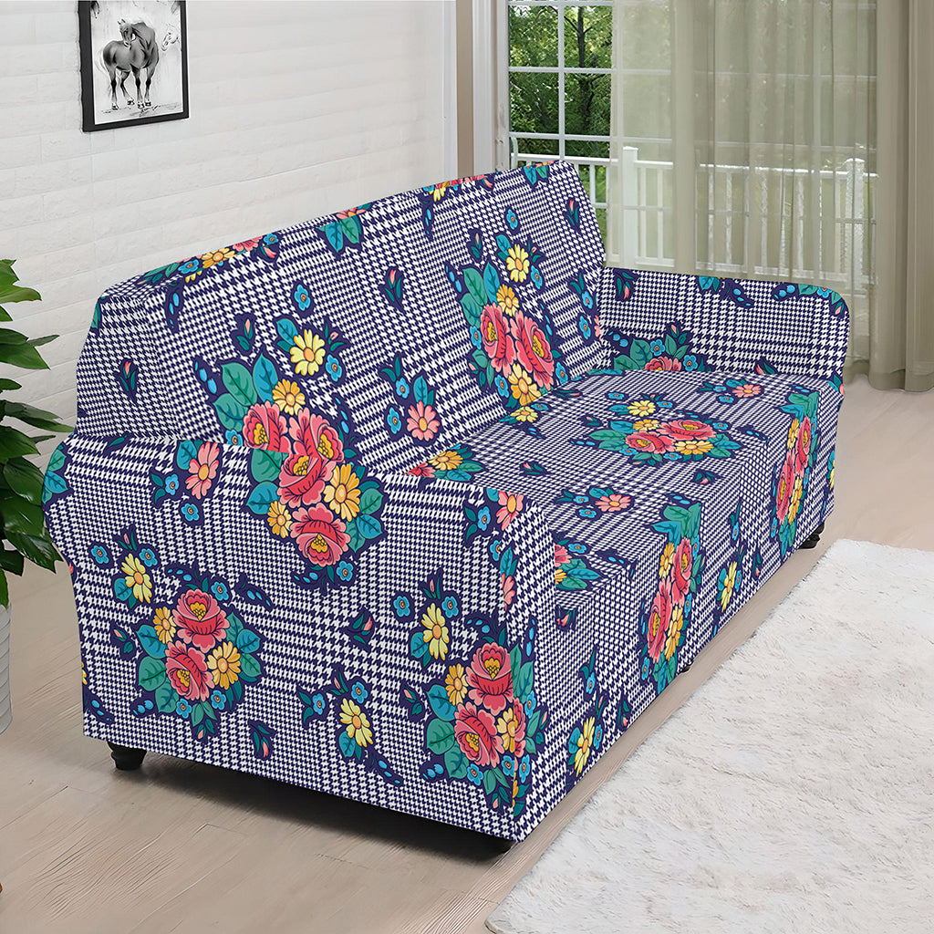 Blue And White Floral Glen Plaid Print Sofa Cover