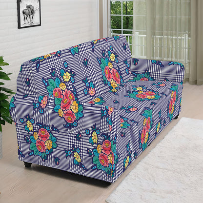 Blue And White Floral Glen Plaid Print Sofa Cover