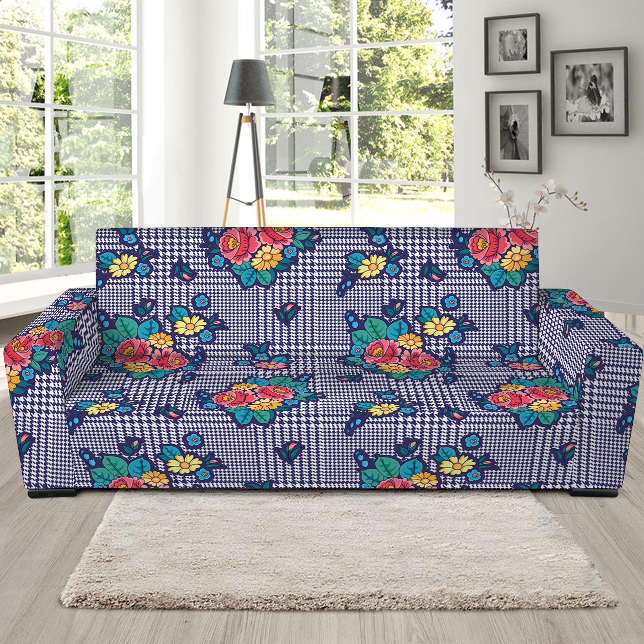 Blue And White Floral Glen Plaid Print Sofa Slipcover