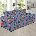 Blue And White Floral Glen Plaid Print Sofa Slipcover