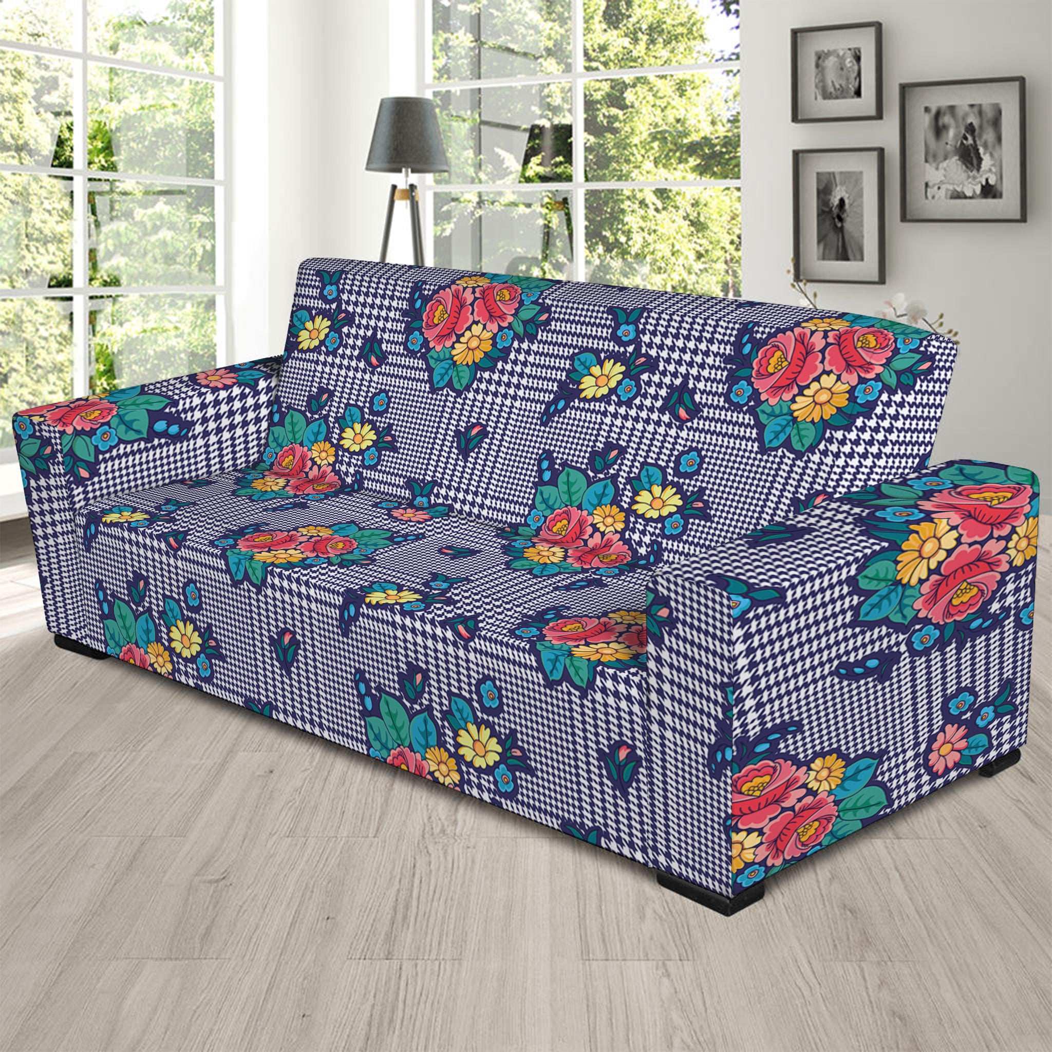 Blue And White Floral Glen Plaid Print Sofa Slipcover