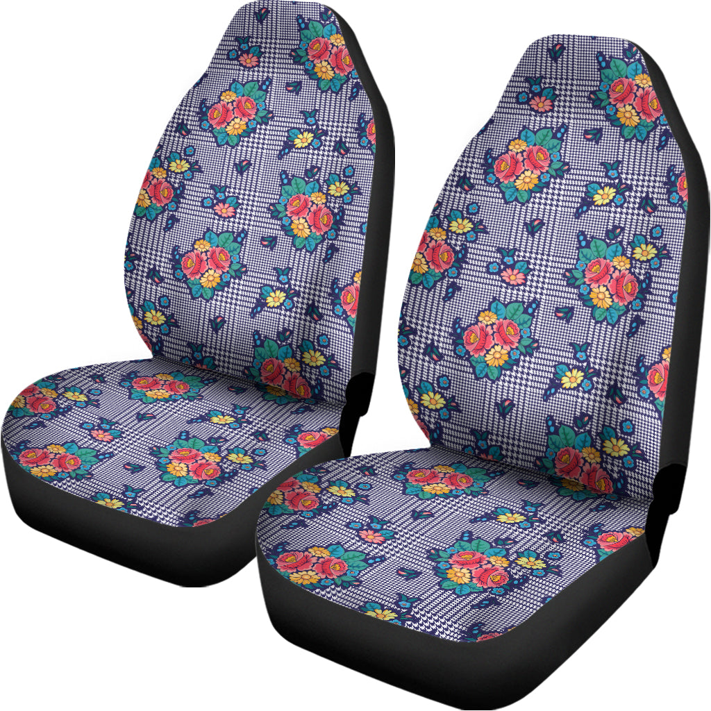 Blue And White Floral Glen Plaid Print Universal Fit Car Seat Covers