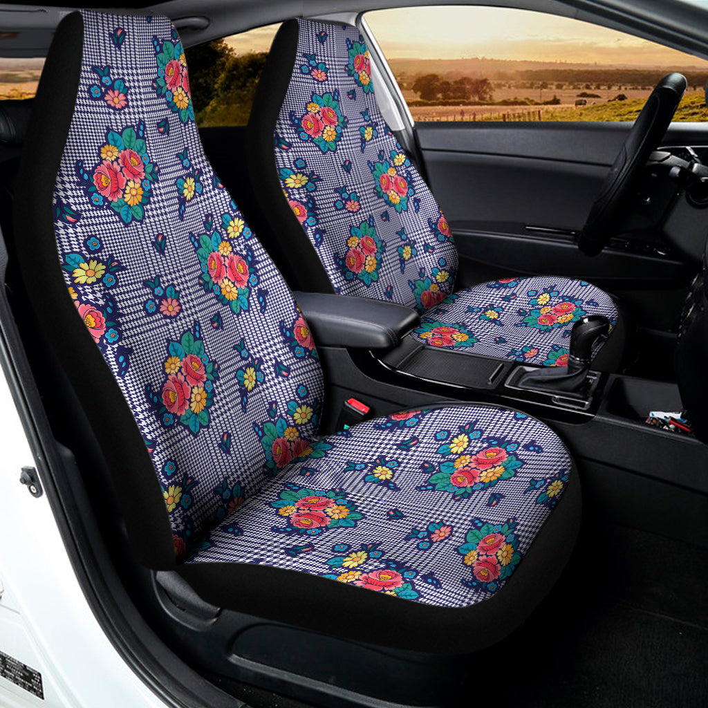 Blue And White Floral Glen Plaid Print Universal Fit Car Seat Covers