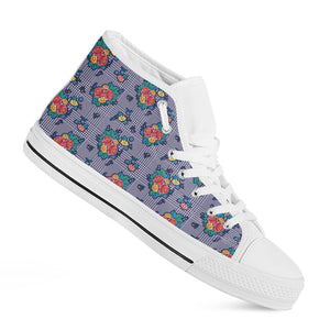 Blue And White Floral Glen Plaid Print White High Top Shoes