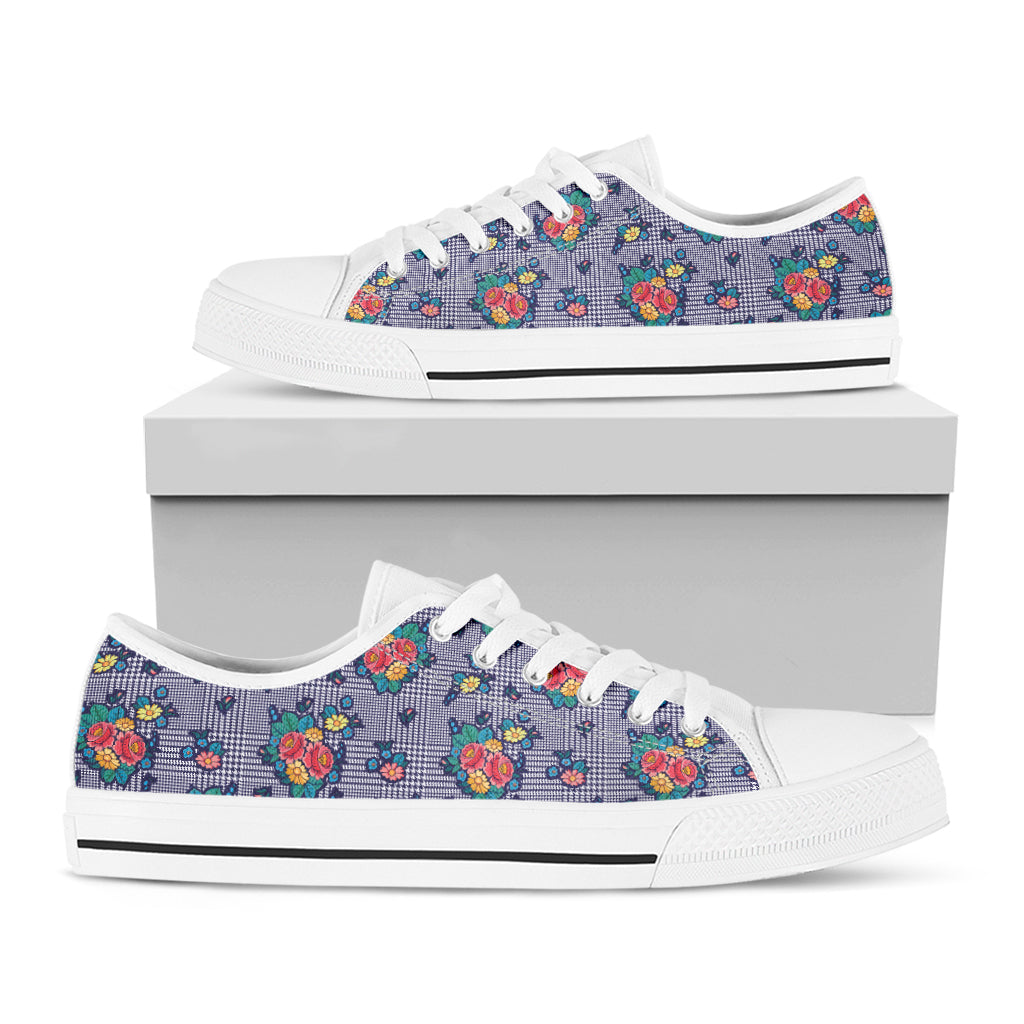 Blue And White Floral Glen Plaid Print White Low Top Shoes