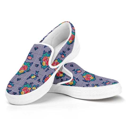 Blue And White Floral Glen Plaid Print White Slip On Shoes