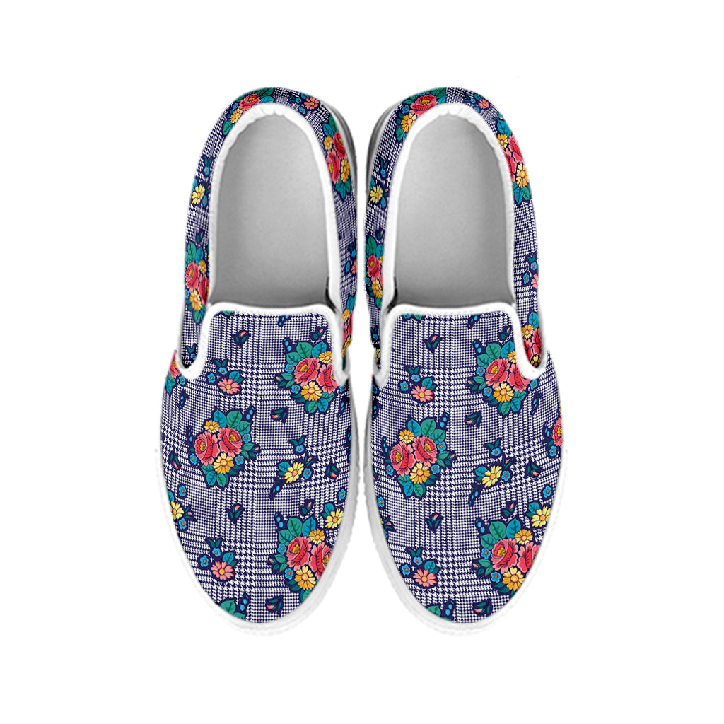 Blue And White Floral Glen Plaid Print White Slip On Shoes