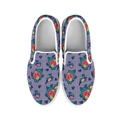Blue And White Floral Glen Plaid Print White Slip On Shoes