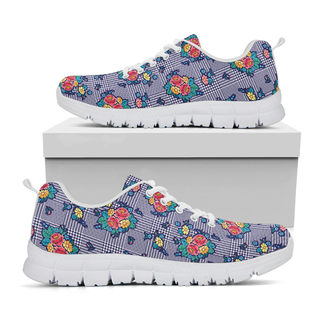 Blue And White Floral Glen Plaid Print White Sneakers
