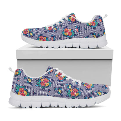 Blue And White Floral Glen Plaid Print White Sneakers