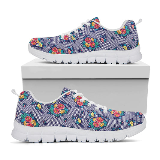 Blue And White Floral Glen Plaid Print White Sneakers