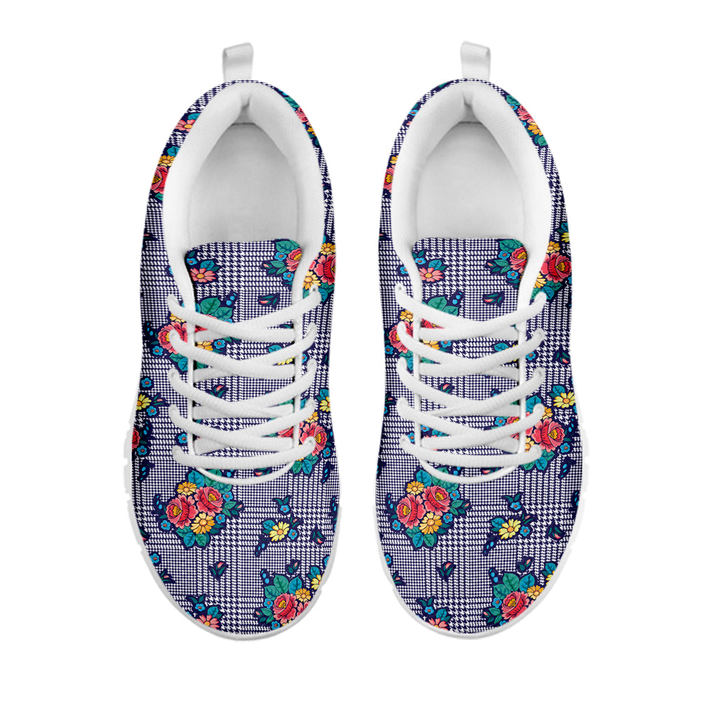 Blue And White Floral Glen Plaid Print White Sneakers