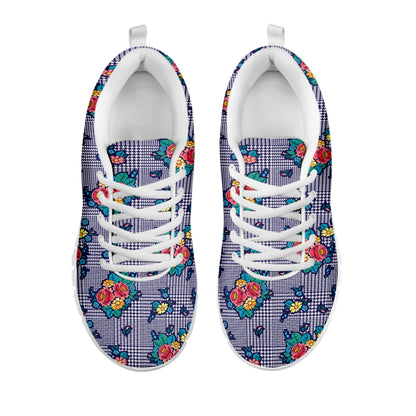 Blue And White Floral Glen Plaid Print White Sneakers