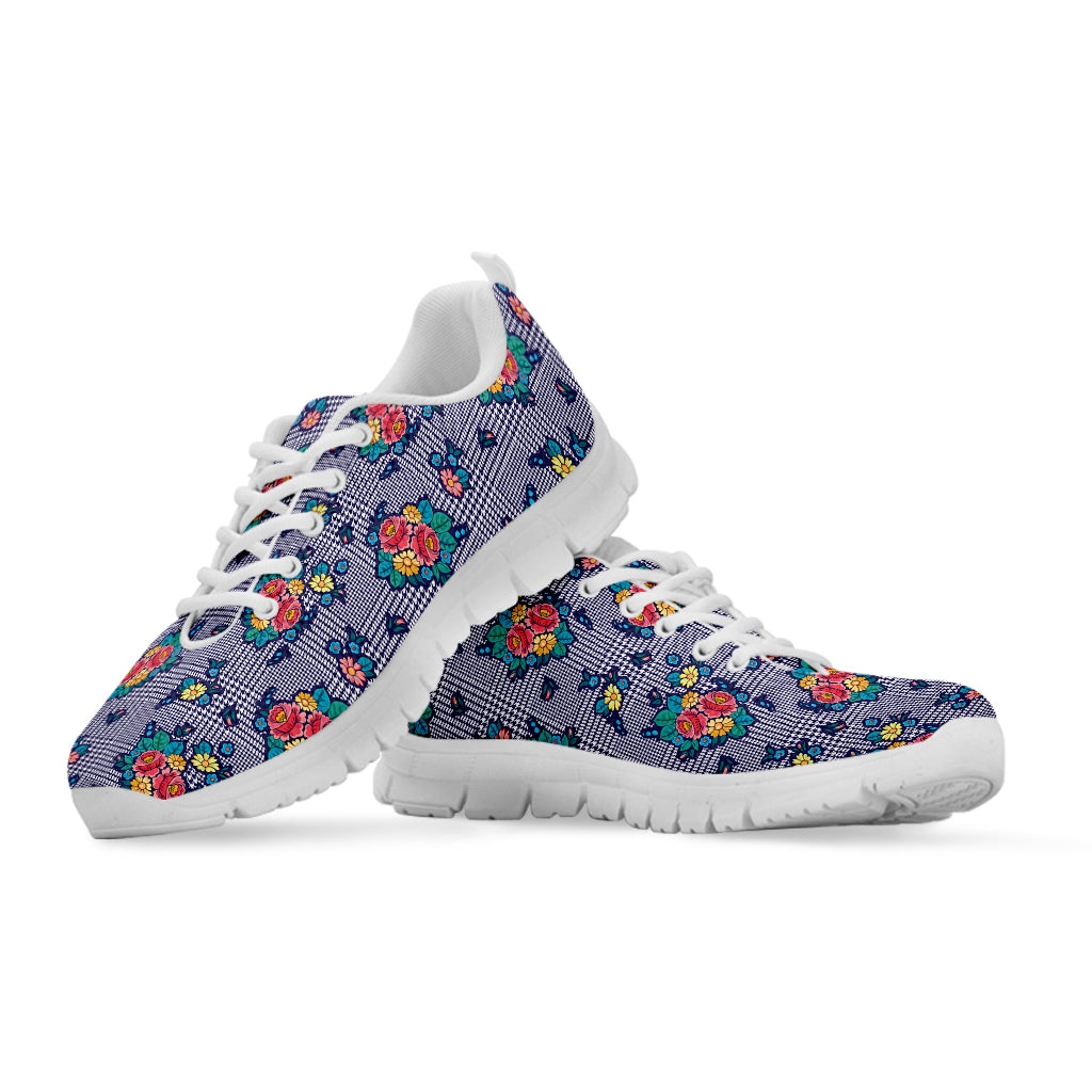 Blue And White Floral Glen Plaid Print White Sneakers