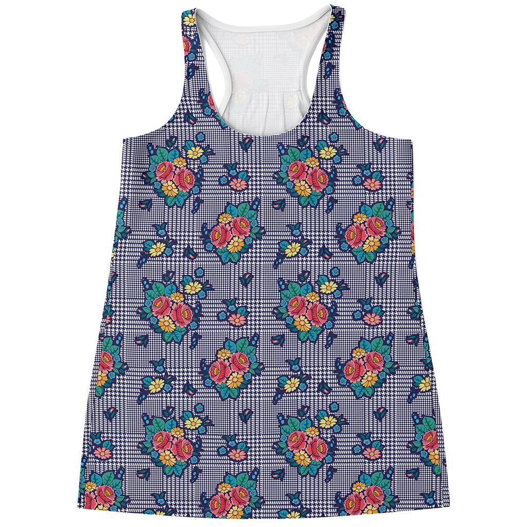 Blue And White Floral Glen Plaid Print Women's Racerback Tank Top