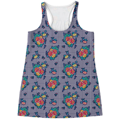 Blue And White Floral Glen Plaid Print Women's Racerback Tank Top