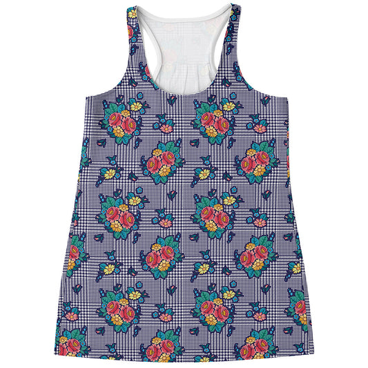Blue And White Floral Glen Plaid Print Women's Racerback Tank Top