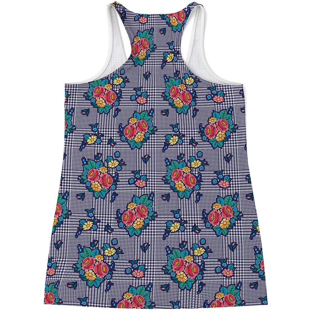 Blue And White Floral Glen Plaid Print Women's Racerback Tank Top