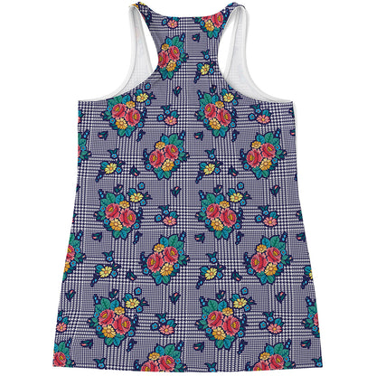 Blue And White Floral Glen Plaid Print Women's Racerback Tank Top