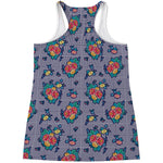 Blue And White Floral Glen Plaid Print Women's Racerback Tank Top