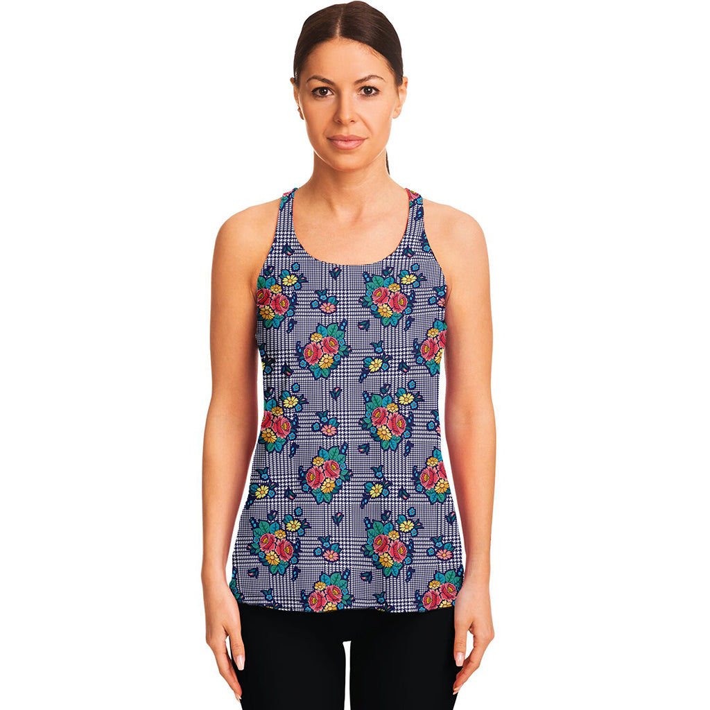 Blue And White Floral Glen Plaid Print Women's Racerback Tank Top
