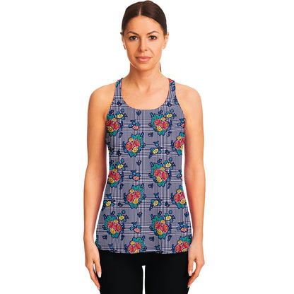 Blue And White Floral Glen Plaid Print Women's Racerback Tank Top