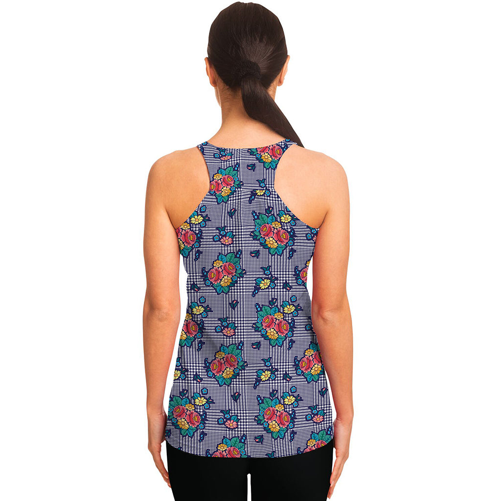 Blue And White Floral Glen Plaid Print Women's Racerback Tank Top