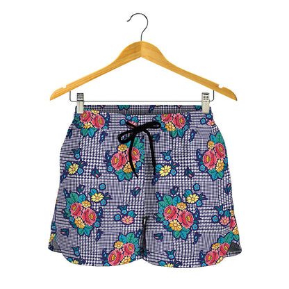 Blue And White Floral Glen Plaid Print Women's Shorts