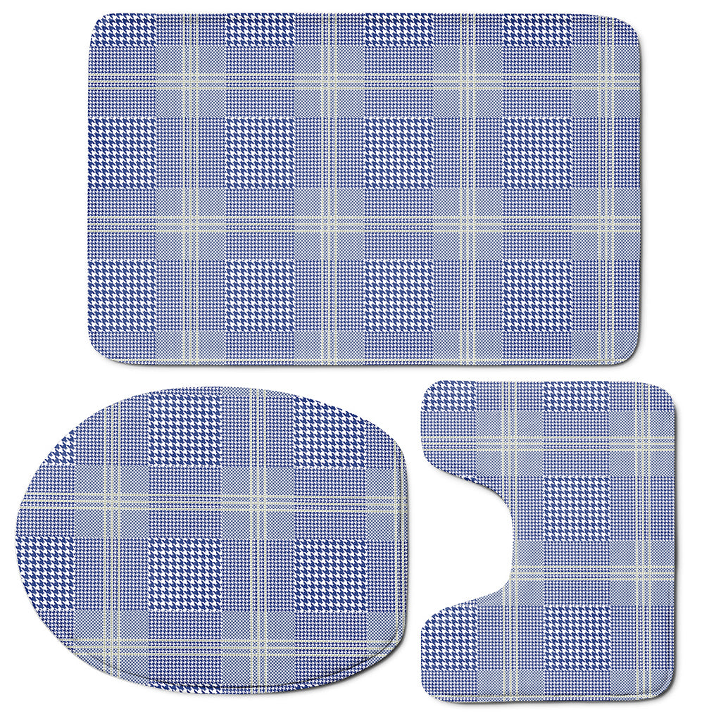 Blue And White Glen Plaid Print 3 Piece Bath Mat Set