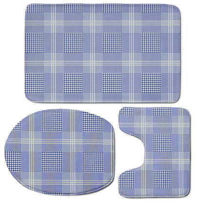 Blue And White Glen Plaid Print 3 Piece Bath Mat Set