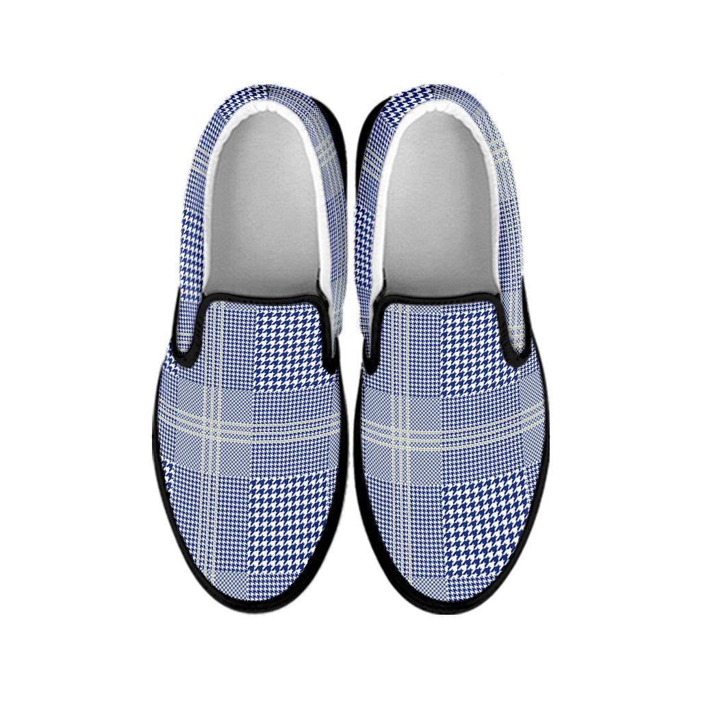 Blue And White Glen Plaid Print Black Slip On Shoes