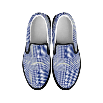 Blue And White Glen Plaid Print Black Slip On Shoes