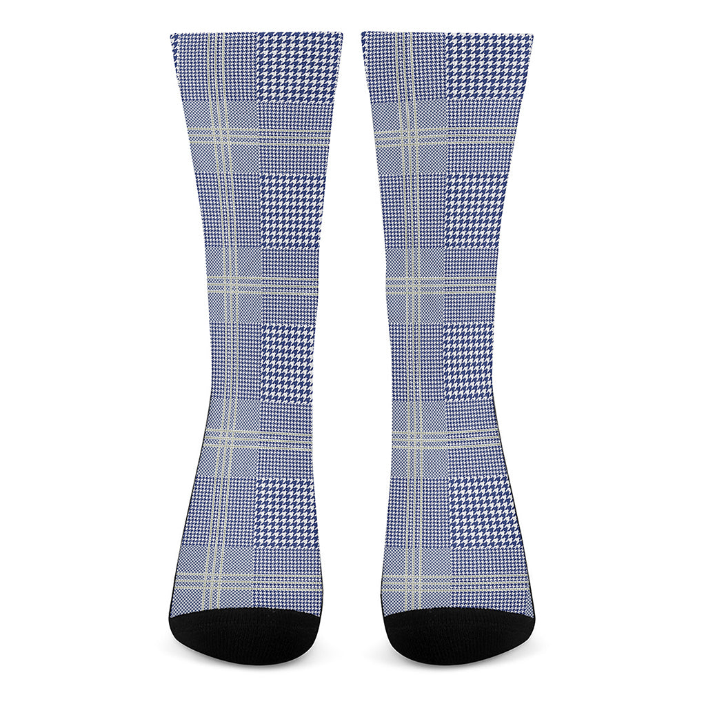 Blue And White Glen Plaid Print Crew Socks