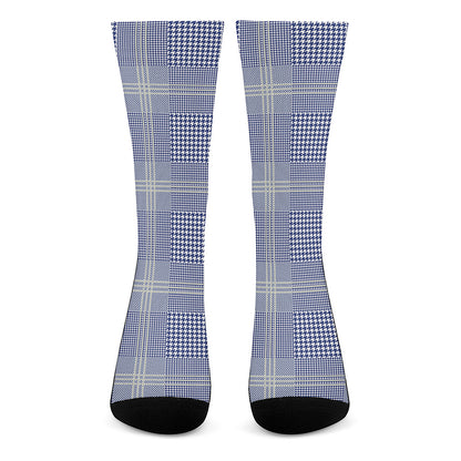 Blue And White Glen Plaid Print Crew Socks