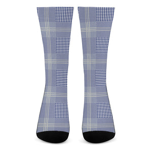 Blue And White Glen Plaid Print Crew Socks